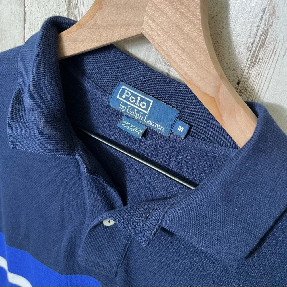 Vintage Polo Ralph Lauren Navy Stripe Short Sleeve Knit‎ Polo Shirt Mens Medium